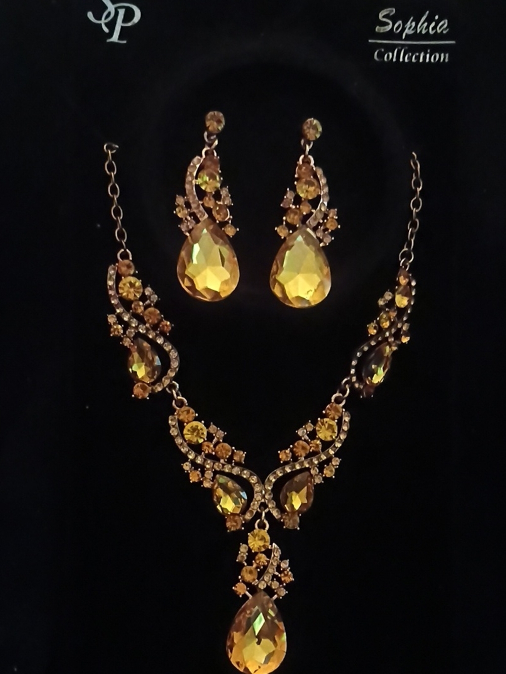 Sophie Collection Gold Amber Teardrop Necklace and Earrings